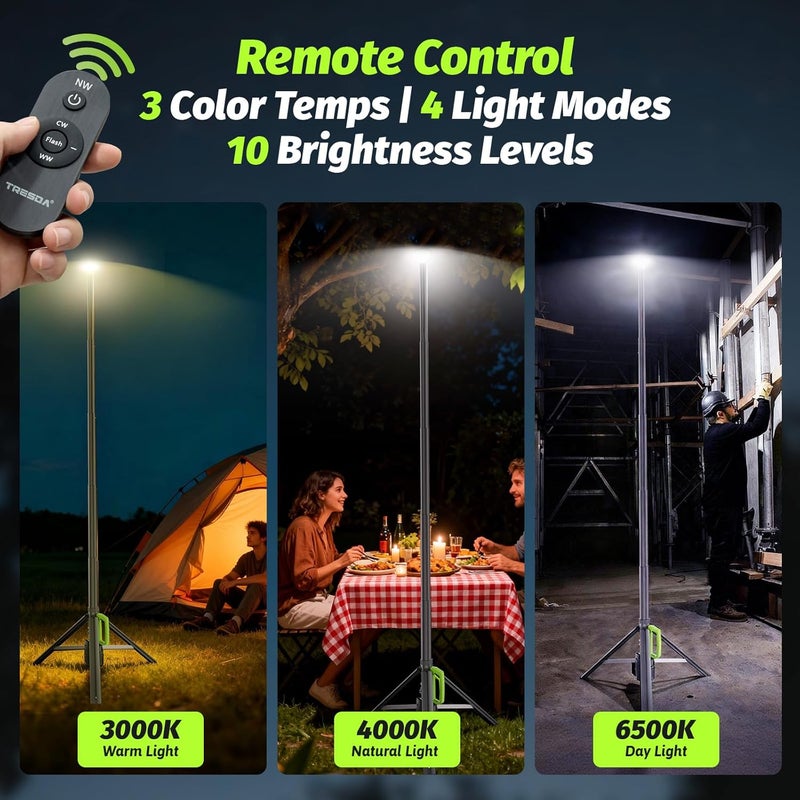Tresda Store Telescoping Camping Light with Stand, 8.4FT 3000LM Rechargeable LED Work Light with Remote, Portable Outdoor Light with Tripod, 6000mAh, Dimmable for Jobsite, Sports Field, Emergency, Gift - Image 3
